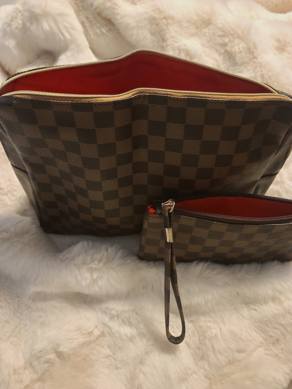 Brown Checkered Cosmetic Pouch Set with Wristlet - Picture 3 of 10